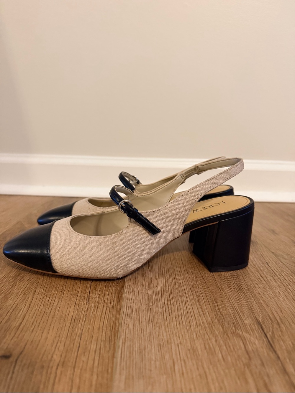 J. Crew Beige and Black Slingback Block Heel Pumps